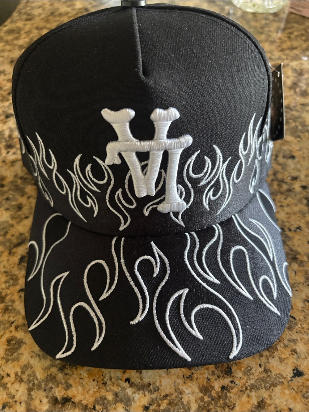 Black Flame Embroidered Baseball Cap with White Logo